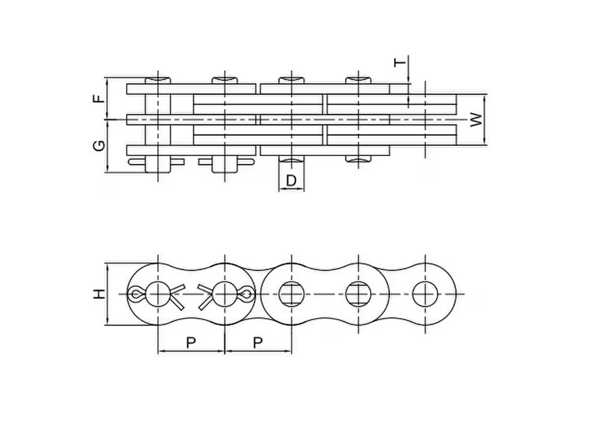 Technical diagram illustrating the dimensions of the BL634 Chain, including pin diameter, plate height, and overall width.