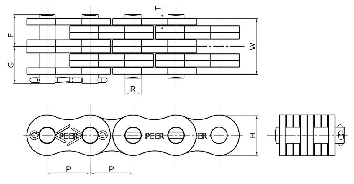 Technical diagram illustrating the dimensions of the BL844 Chain, including pin diameter, plate height, and overall width.